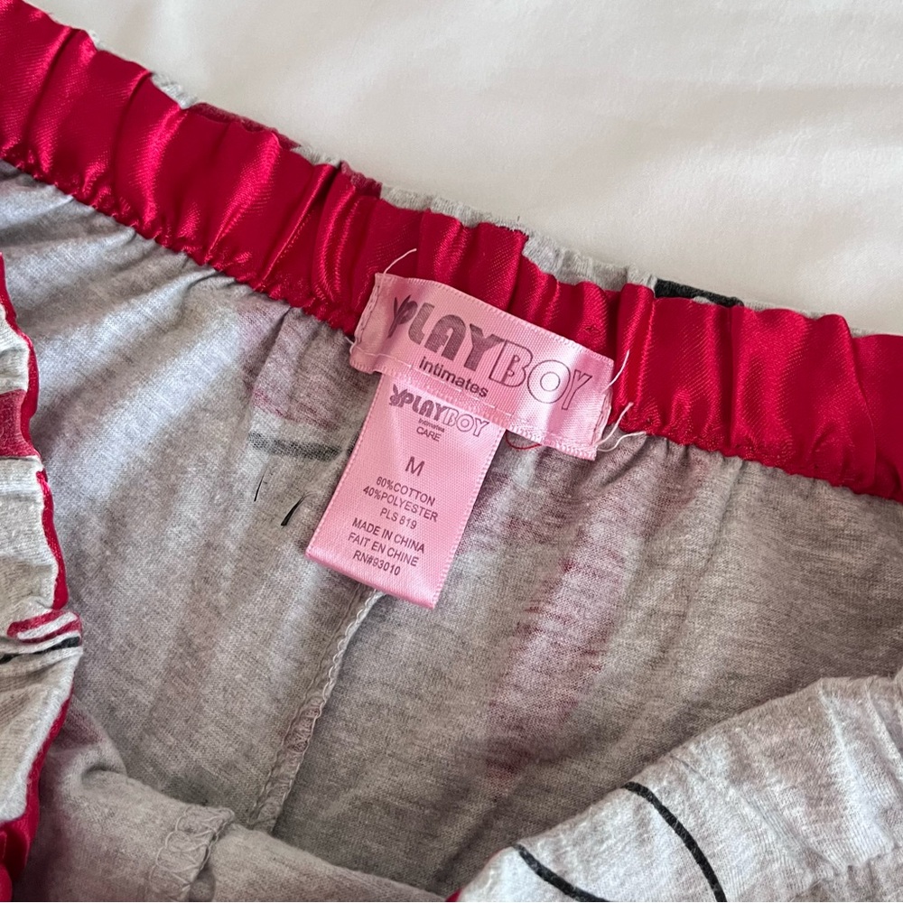 Playboy Lounge Pants Medium Gray Red Bunny Print Y2K Elastic Waist - Picture 3 of 6